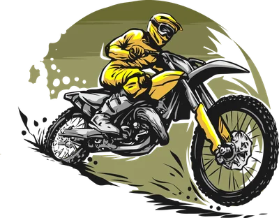 Hình minh họa tay đua motocross mặc đồ bảo hộ vàng, điều khiển xe địa hình màu đen và vàng trên nền xám với hiệu ứng tốc độ.