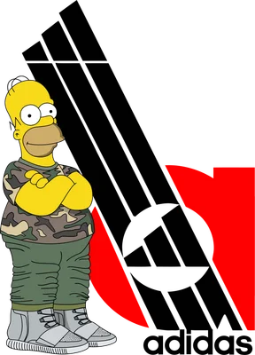 Hình vẽ Homer Simpson mặc đồ rằn ri và giày thể thao, đứng cạnh logo Adidas.