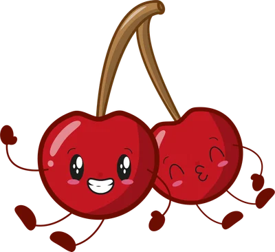 Hai quả cherry hoạt hình với khuôn mặt biểu cảm vui vẻ, tay chân nhỏ nhắn, trên nền xám.