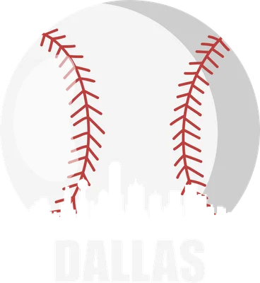 Hình ảnh minh họa bóng chày với đường chỉ đỏ và đường chân trời thành phố Dallas ở phía dưới.