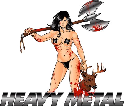 Nữ chiến binh cầm rìu phong cách comic với đầu hươu và chữ Heavy Metal