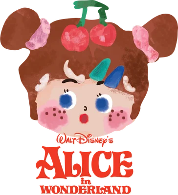 Hình vẽ cô bé Alice đội quả cherry, có chữ Walt Disney's Alice in Wonderland