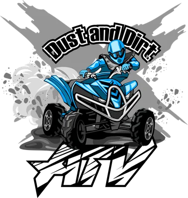 Hình minh họa tay đua xe địa hình ATV màu xanh dương với dòng chữ Dust and Dirt