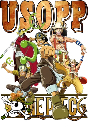 Nhóm nhân vật Usopp và các thành viên băng Mũ Rơm trong One Piece, với chữ Usopp và One Piece nổi bật.