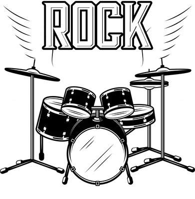 Hình minh họa bộ trống rock màu trắng đen với chữ 'ROCK FEST' có cánh, kèm dòng chữ 'LIVE MUSIC SHOW ESTD 1991'.