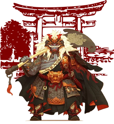 Hình ảnh chiến binh Samurai Nhật Bản với bộ giáp ấn tượng, mặt nạ quỷ, cầm rìu, trên nền cổng Torii đỏ.