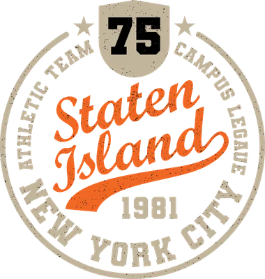Huy hiệu tròn phong cách vintage với chữ 'Staten Island', 'New York City', 'Athletic Team', 'Campus League', '1981' và số '75'.