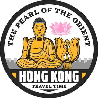 Hình ảnh logo du lịch Hong Kong với tượng Phật vàng, hoa sen hồng, đường chân trời thành phố và chữ 'Hong Kong Travel Time'.