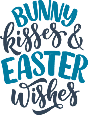 Hình ảnh chữ viết tay 'Bunny Kisses & Easter Wishes' màu xanh dương và xanh đậm trên nền xám, phong cách lễ hội Phục Sinh.
