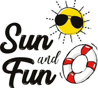 Hình minh họa mặt trời đeo kính râm và phao cứu sinh với chữ 'Sun and Fun'