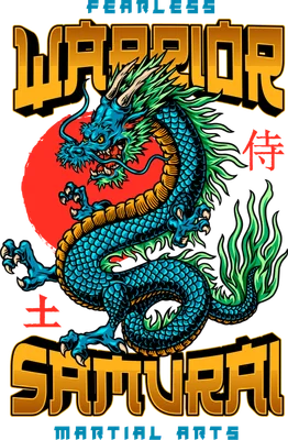 Hình minh họa rồng xanh phong cách võ sĩ samurai Nhật Bản với chữ Warrior Samurai