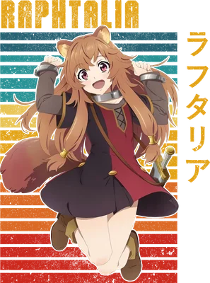 Hình ảnh Raphtalia, nhân vật anime dễ thương với mái tóc nâu dài, tai cáo và đôi mắt tím, đang nhảy múa vui vẻ trên nền sọc màu.