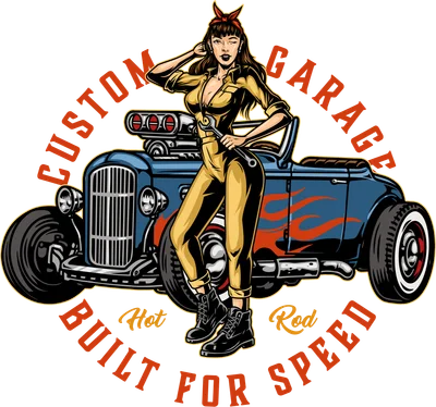 Hình minh họa cô gái pin-up thợ máy gợi cảm cầm cờ lê đứng cạnh xe hot rod màu xanh cổ điển với lửa và chữ 'Custom Garage Built For Speed'.