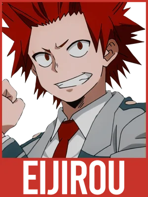 Hình ảnh nhân vật anime Eijirou Kirishima với mái tóc đỏ gai góc, biểu cảm quyết tâm, mặc đồng phục trường U.A.