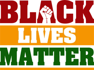 Hình ảnh "Black Lives Matter" với nắm đấm giơ cao, ba màu đỏ, vàng, xanh lá trên nền xám.