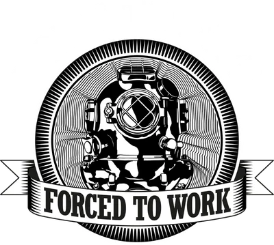 Hình ảnh thợ lặn cổ điển với mũ bảo hiểm, có chữ "Born to Dive" và "Forced to Work"