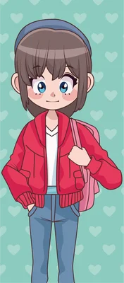 Hình ảnh cô gái anime phong cách chibi, mặc áo khoác đỏ, quần jean xanh, đội mũ len xanh, đeo ba lô hồng, trên nền xanh có họa tiết trái tim.