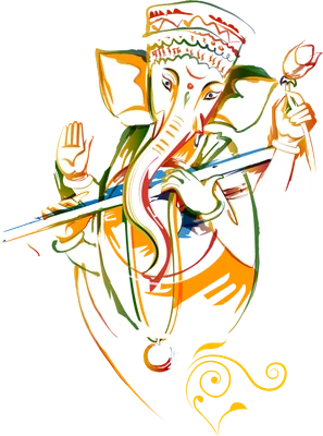 Hình ảnh thần Ganesha với vòi voi, tay cầm sáo và hoa sen, vẽ theo phong cách trừu tượng với nhiều màu sắc rực rỡ.