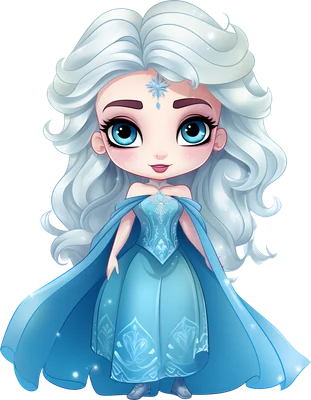 Hình ảnh chibi công chúa Elsa với mái tóc trắng, mắt xanh to, mặc váy xanh băng giá lấp lánh trên nền xám.