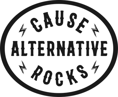 Logo hình oval với chữ "CAUSE ALTERNATIVE ROCKS" và tia sét, phong cách retro.