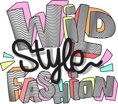 Hình in chữ WILD Style FASHION với hiệu ứng 3D, đường lượn sóng và màu sắc pastel nổi bật trên nền xám.