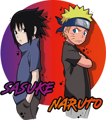 Hình vẽ chibi Naruto và Sasuke đứng quay lưng vào nhau, chữ "SASUKE" và "NARUTO" bên dưới.