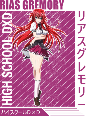 Hình ảnh Rias Gremory, nhân vật anime tóc đỏ, mặc đồng phục học sinh, với nền họa tiết kẻ sọc màu hồng và xám.