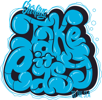 Hình ảnh chữ graffiti 'Surfing Take Care TO THE SEA' màu xanh biển, phong cách bong bóng, viền đen, trên nền xám.