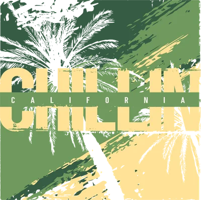 Thiết kế chữ 'California Chill' với hình ảnh cây cọ và phong cách trừu tượng, màu xanh lá và vàng.
