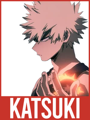 Hình ảnh anime Katsuki Bakugo với mái tóc vàng nhọn, ánh mắt sắc sảo, hai tay tạo ra tia lửa.