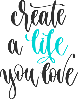 Chữ viết tay "create a life you love" màu xám và xanh ngọc trên nền xám