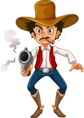 Hình vẽ cao bồi hoạt hình đội mũ rộng vành, cầm súng lục, hút xì gà, có khói tỏa ra.