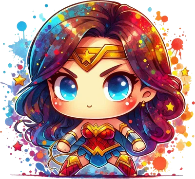Hình ảnh Wonder Woman chibi dễ thương, mạnh mẽ với trang phục siêu anh hùng và hiệu ứng màu nước rực rỡ.