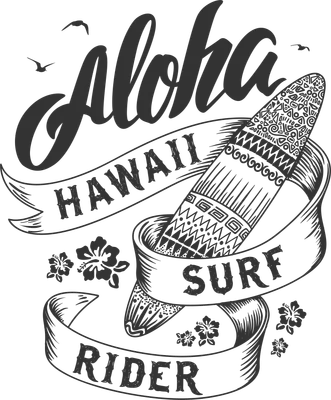Hình minh họa vintage "Aloha Hawaii Surf Rider" với ván lướt sóng, hoa dâm bụt và chim bay trên nền xám.