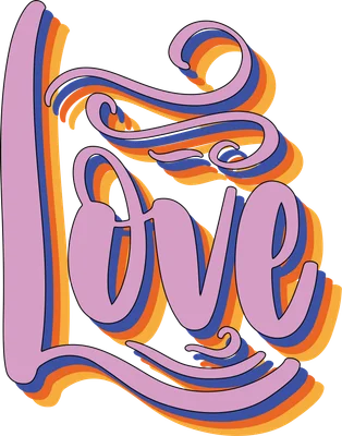 Hình ảnh chữ Love màu tím với hiệu ứng đổ bóng lượn sóng màu xanh và cam, phong cách retro.