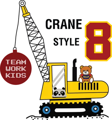 Hình minh họa xe cẩu màu vàng với gấu bông và gấu trúc, có chữ 'TEAM WORK KIDS' và số 8.