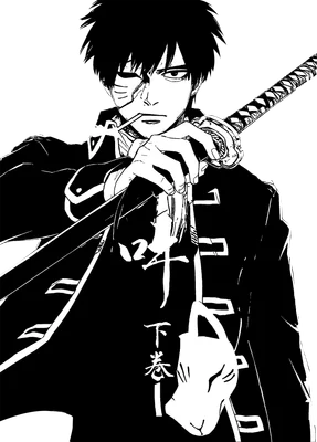 Hình ảnh anime chàng trai với mái tóc đen, đôi mắt sắc sảo, cầm thanh kiếm Nhật trên vai, trên áo có chữ Hán và hình mặt nạ cáo.