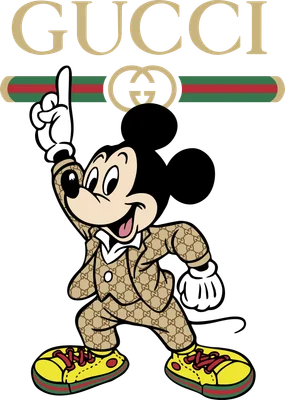 Hình vẽ Mickey Mouse mặc bộ suit in họa tiết Gucci, giơ một ngón tay lên, nền xám.