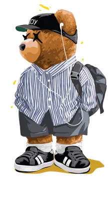 Hình vẽ gấu teddy đội mũ lưỡi trai, mặc áo sơ mi sọc, đeo tai nghe và ba lô, phong cách hiphop.