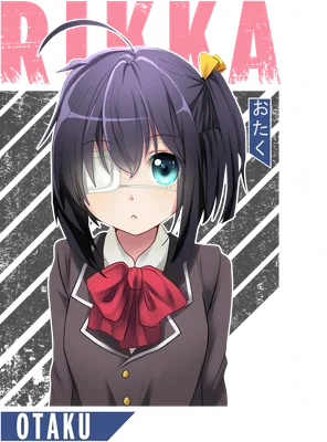 Hình ảnh cô gái anime với mái tóc đen buộc hai bên, đeo băng đô mắt trắng, mắt xanh biếc, mặc đồng phục học sinh với nơ đỏ.