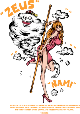 Hình vẽ Nami và Zeus từ One Piece, Nami mặc váy hồng, cầm gậy, Zeus là đám mây có mặt cười.