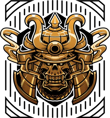 Hình minh họa mũ giáp Samurai kết hợp đầu lâu màu vàng kim phong cách nghệ thuật vector mạnh mẽ