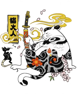Hình ảnh mèo trắng đen phong cách Nhật Bản, mặc trang phục samurai, cầm kiếm katana, với hoa anh đào và chuột nhỏ bên cạnh.