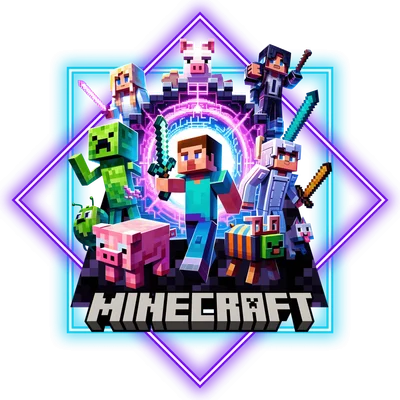 Nhóm nhân vật Minecraft và các sinh vật trong game, bao quanh bởi khung neon tím và xanh dương.