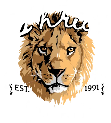 Hình minh họa đầu sư tử màu nâu vàng với dòng chữ 'THE Thrill of THE HUNT', EST. 1991 và núi non trắng trên nền xám.