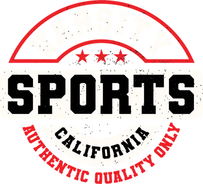 Thiết kế chữ Varsity Sports màu đỏ, trắng, đen với hiệu ứng distressed, kèm chữ California và Authentic Quality Only.