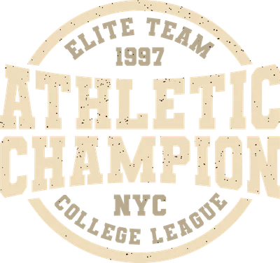 Logo đội thể thao 'Elite Team 1997 Athletic Champion NYC College League' với phong cách vintage, màu be trên nền xám.