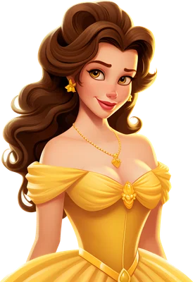 Hình minh họa nàng công chúa Belle của Disney trong bộ váy dạ hội màu vàng, tóc nâu bồng bềnh, đeo trang sức vàng.