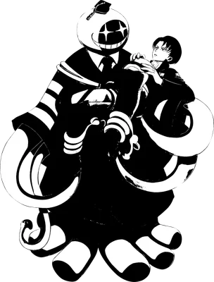 Hình vẽ đen trắng hai nhân vật anime Koro Sensei và Levi Ackerman.