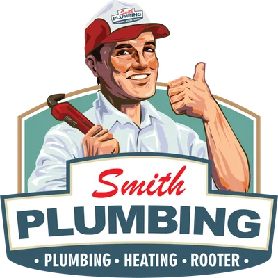 Logo thợ sửa ống nước Smith Plumbing với người đàn ông giơ ngón cái và cầm cờ lê.